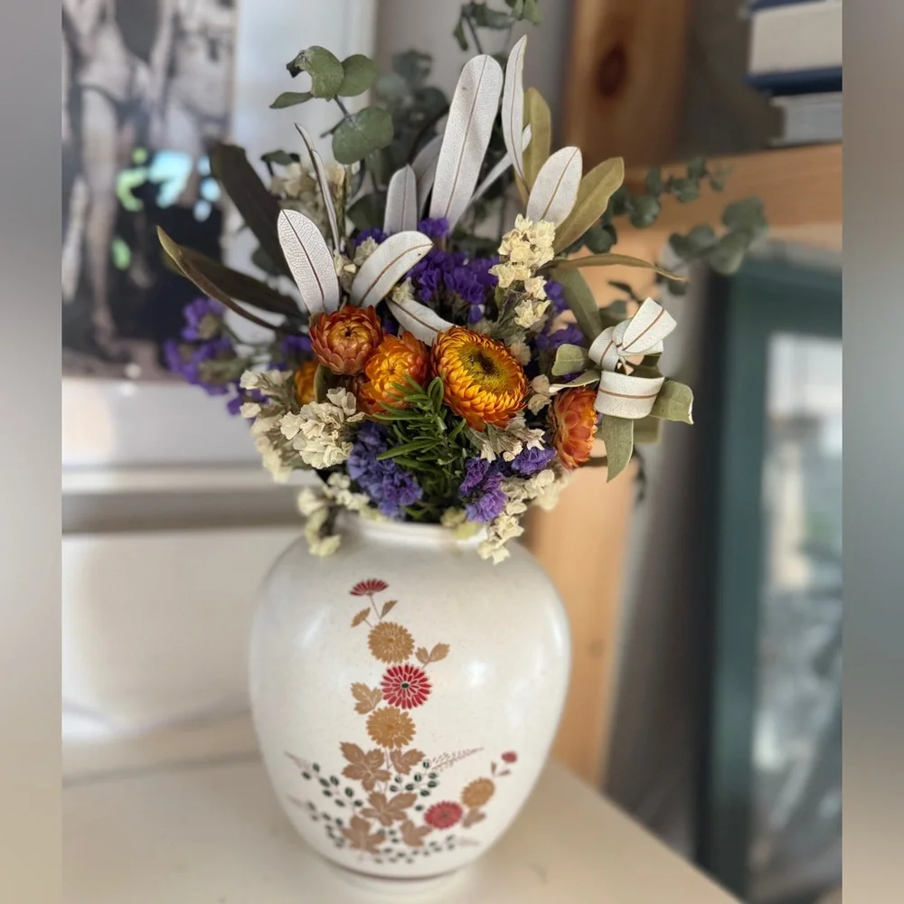 Vintage Toyo Japan Retro Floral Cattleya Crackle Glaze Oval Vase Japanese